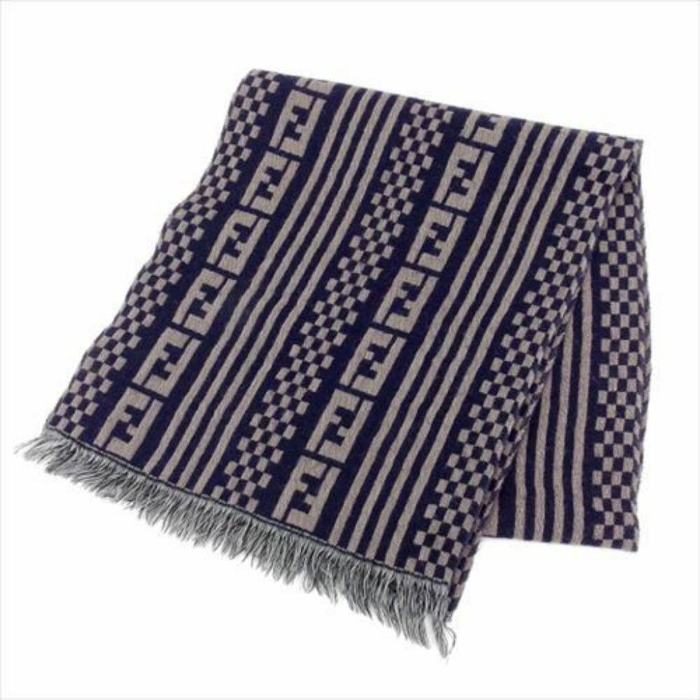 Fendi Scarf FF logo Navy Grey Wool 100% Woman unisex Authentic Used